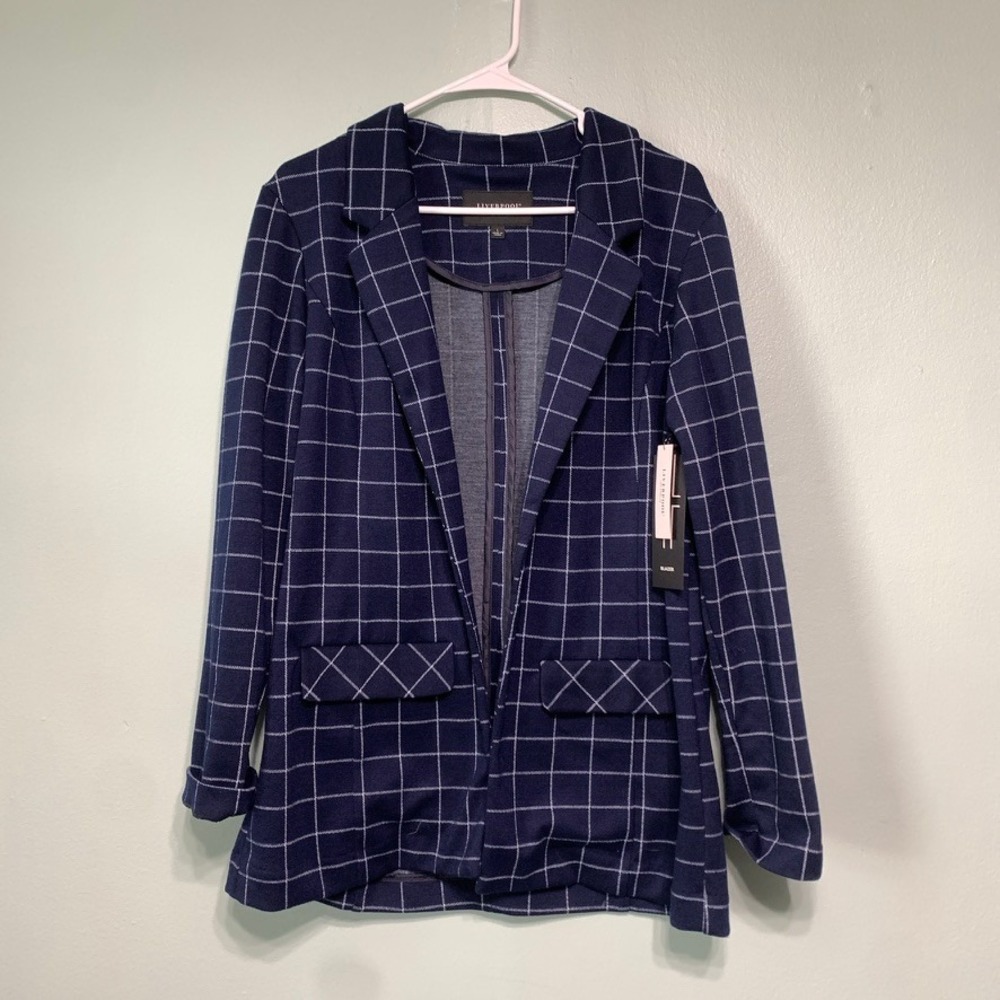 Liverpool Womens L Blazer Windowpane Federal Navy Knit Stretch LM1210MZ15 NWT
